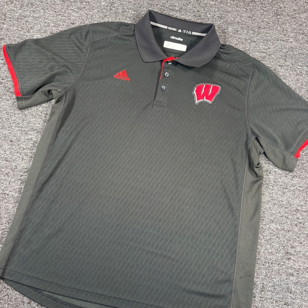 Adidas Wisconsin Badgers Polo Men XL Black Climalite Short Sleeve Shirt